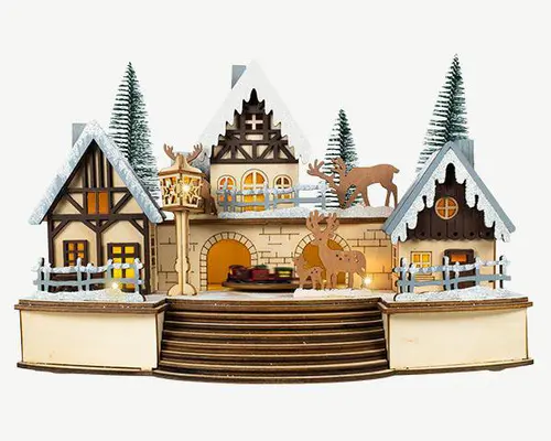 À avoir au jardin：Scénette village en bois musical à 10 LED blanc chaud sur piles - 30 x 18 x 20 cm
