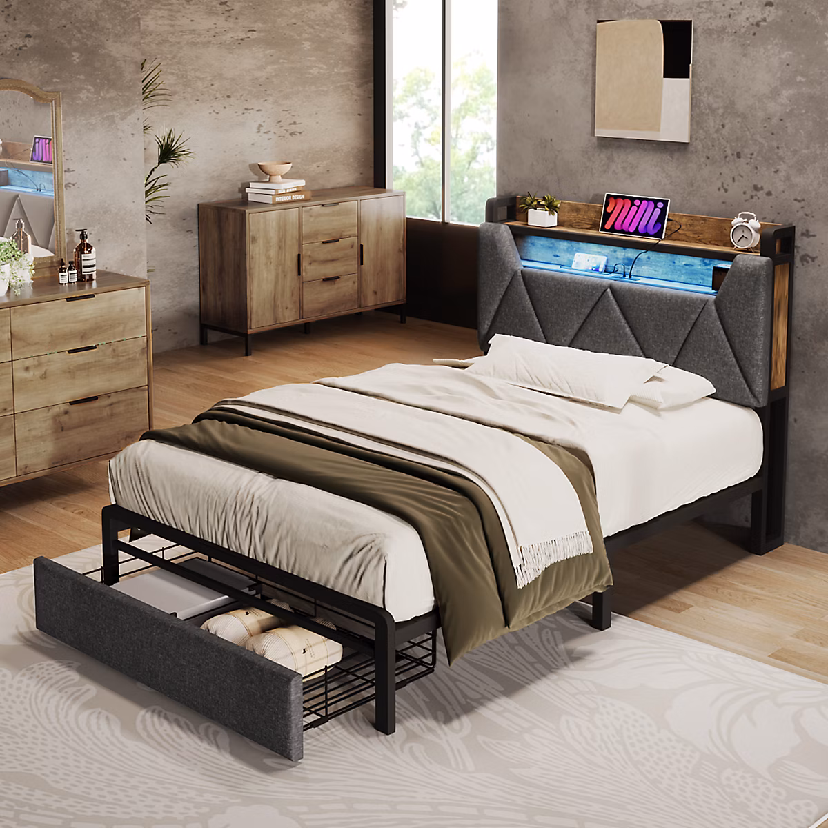 Canape lit 90 × 200 cm convertible avec tete de lit rangement LED USB C revetement lin gris tiroir