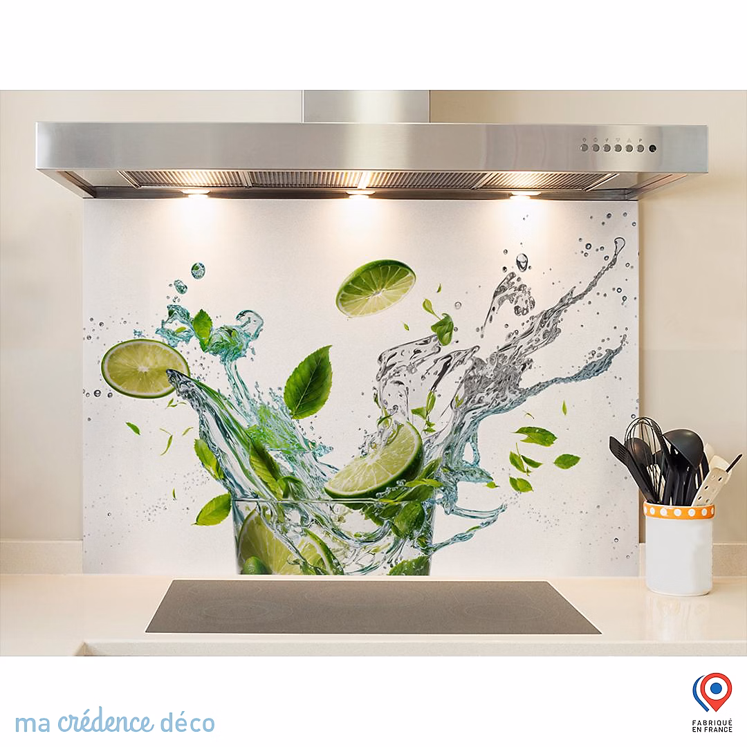 Crédence cuisine fond de hotte Splash – Citrons verts et menthe, Verre trempé, L 70 cm x H 60 cm, MaCrédenceDéco