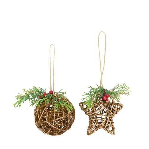 Pour un extérieur plus agréable:Décoration à suspendre en rotin marron avec branchage vert - 8 x 8 x 10 cm