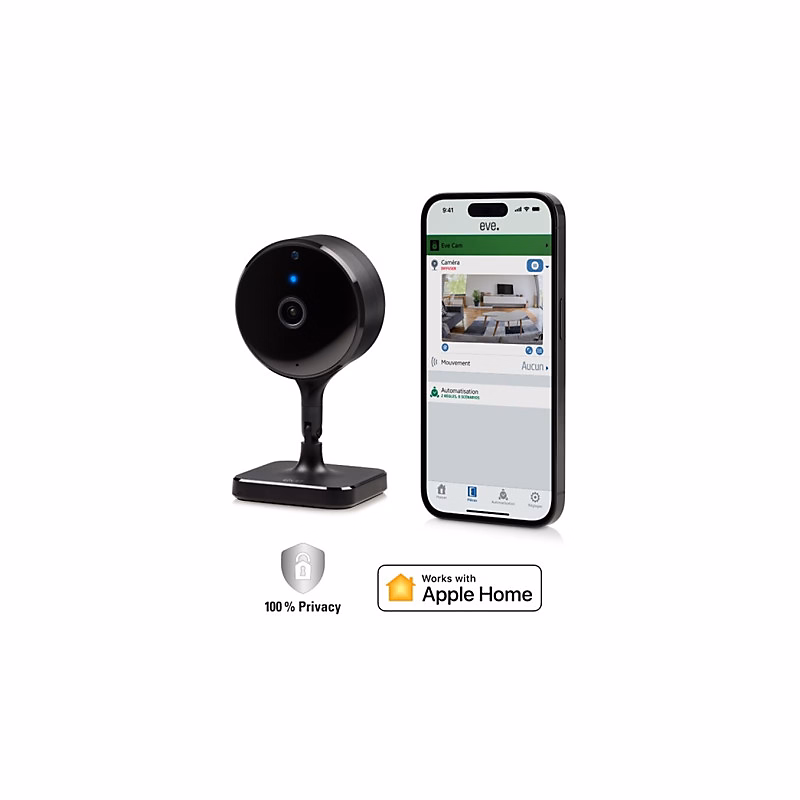 Caméra de surveillance Eve interieure securisee – confidentialite absolue, HomeKit Secure Video, Notifications sur iPhone iPad