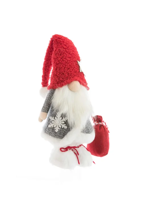 Confort jardin:Gnome debout en tissu avec manteau gris et sac à cadeau rouge - 17 x 11 x 50 cm