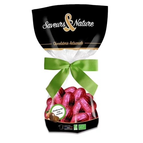 Idée simple：Sachet œufs à la cacahuète enrobé chocolat au lait bio Saveur et Nature - 150 g