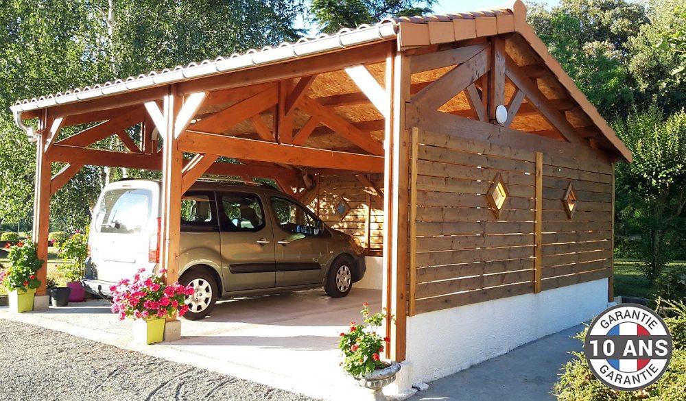 Carport 2 pentes faitage décalé 500cmx450cm – bois DOUGLAS Français (Charpente en bois-auvent-abri voiture) 22m². Garantie 10 ans