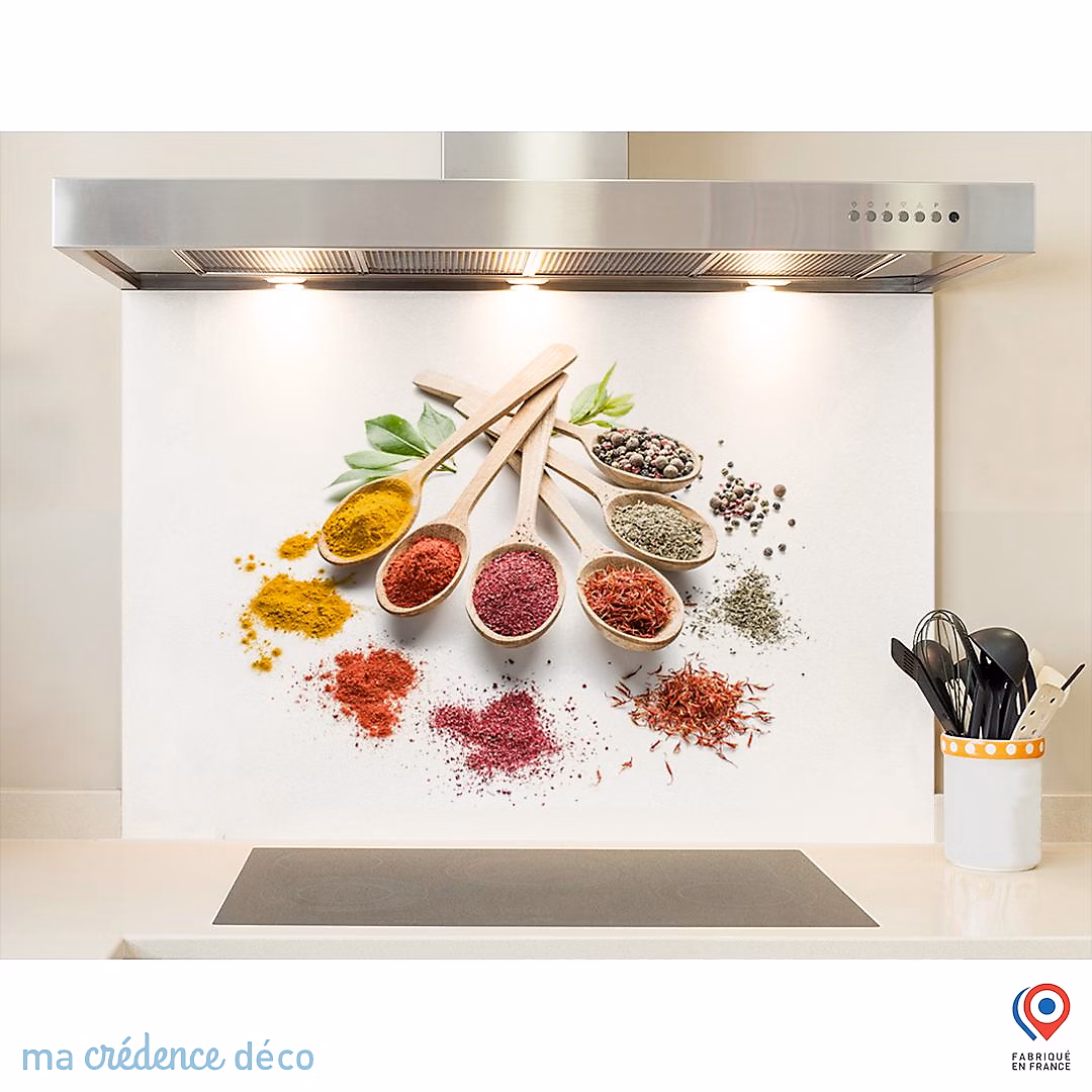Crédence cuisine fond de hotte Epices et cuillères bois | Verre trempé – L 60 cm x H 45 cm