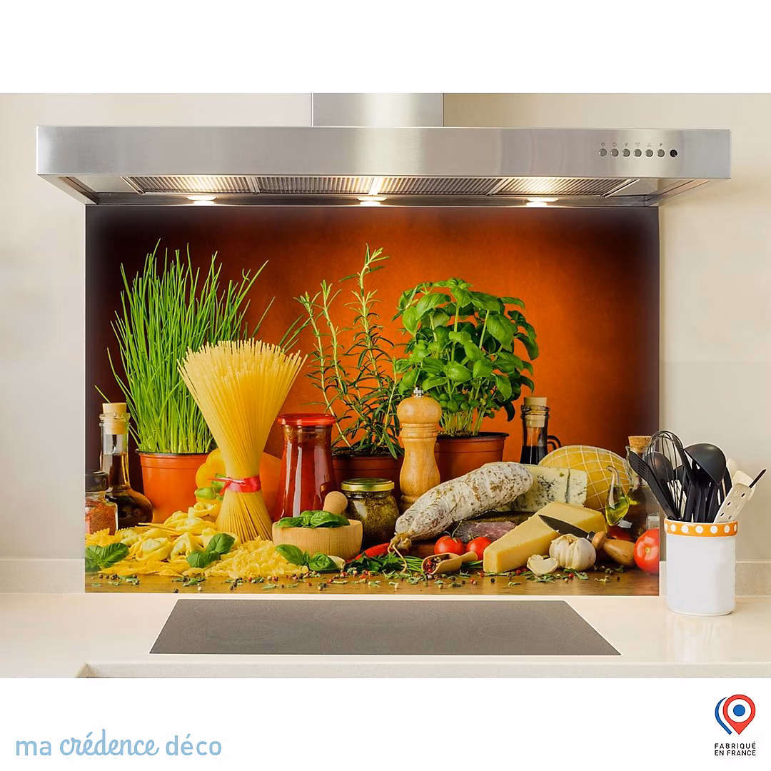 Crédence cuisine fond de hotte Cuisine italienne authentique – Verre trempé, L 90 cm x H 70 cm, MaCrédenceDéco