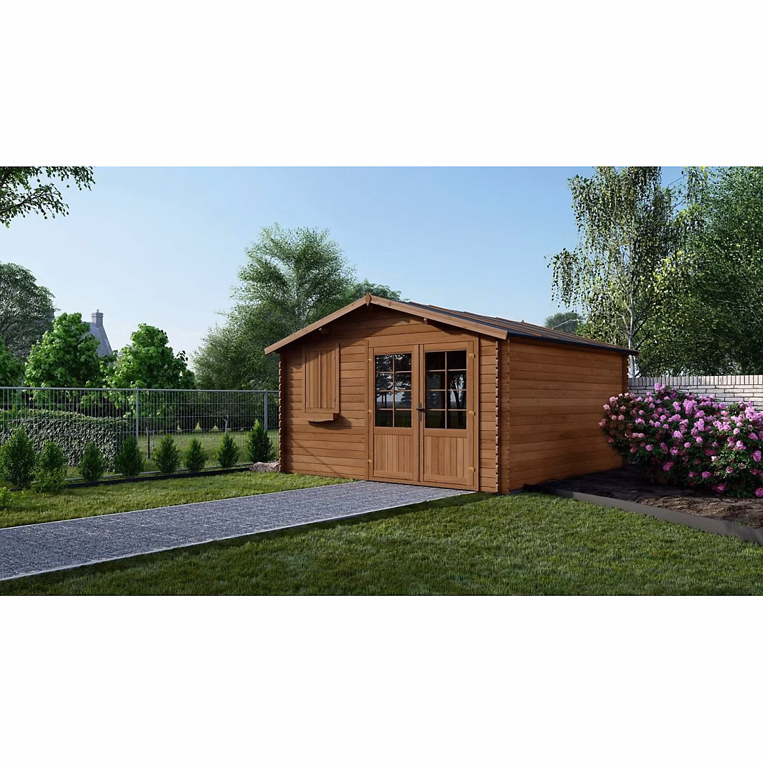 Abri de jardin en bois – 16m2, 4 × 4m, Traité, Ep. 28mm, Couleur: marron, DOM181