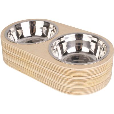 Double gamelle chien et chat bois naturel (Taille 2)