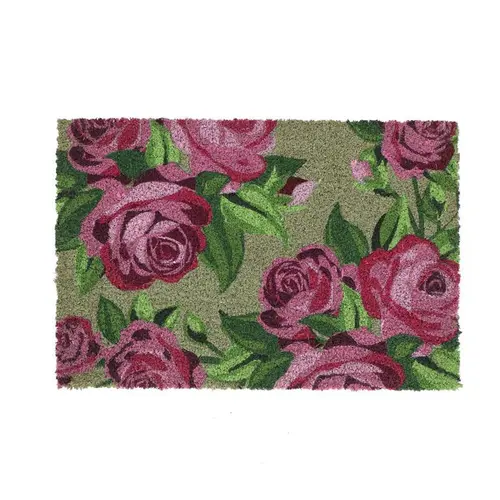 Essentiel jardin：Paillasson en fibre de coco motif floral rose et vert - 60 x 40 cm