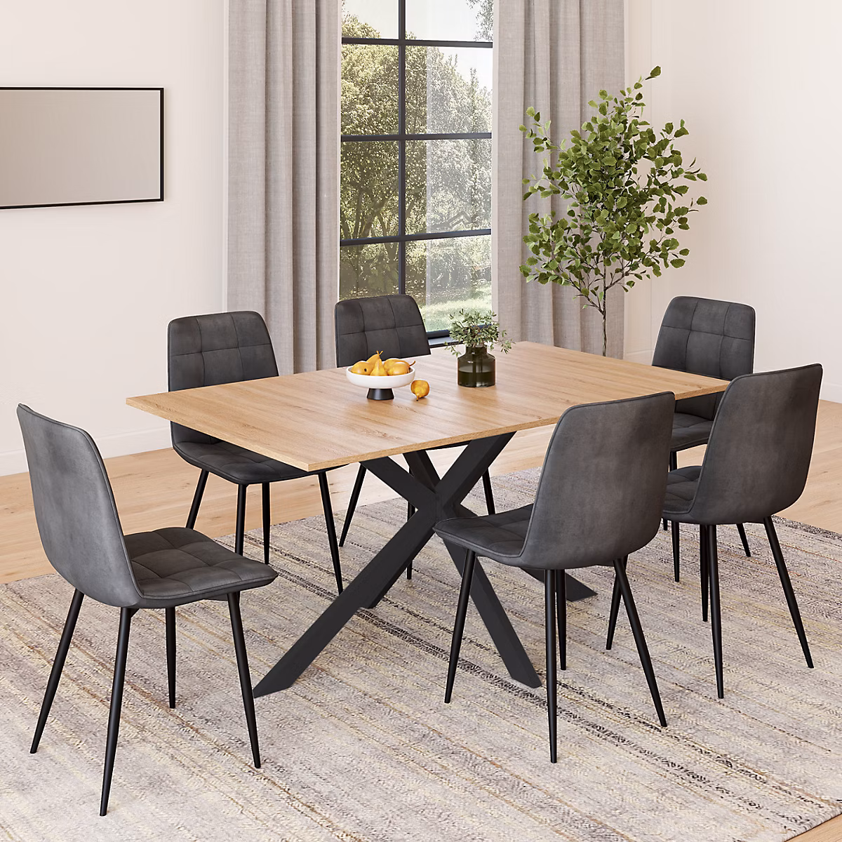 Ensemble table à manger rectangle ALIX 160 cm bois et noir et 6 chaises MILA en velours gris foncé – Réf. PJUKXZDND8755669951