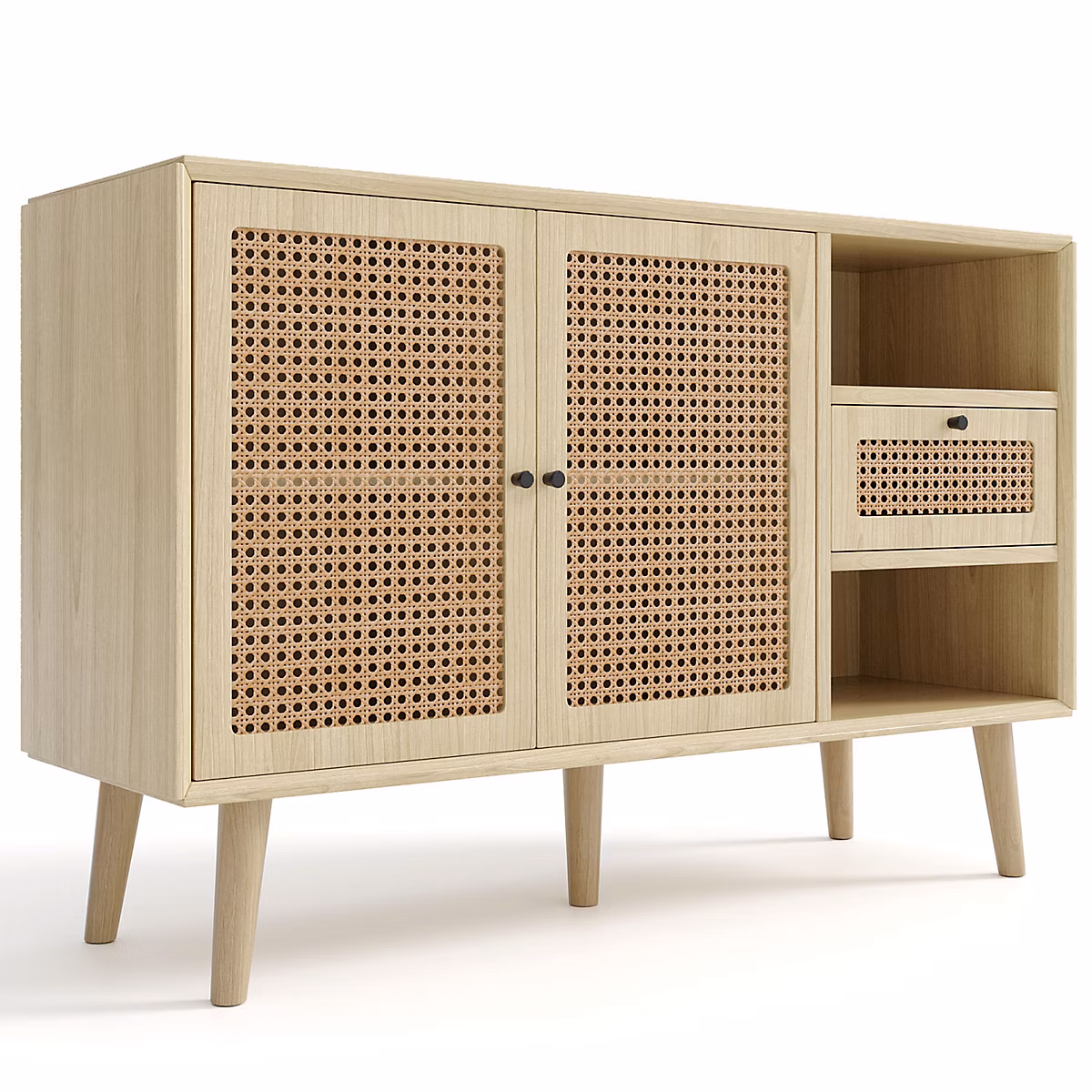 Meuble – Buffet 120cm Avec 1 Tiroir Et 2 Portes Magnétiques En Rotin Tressé Avec Poignées En Métal Noir