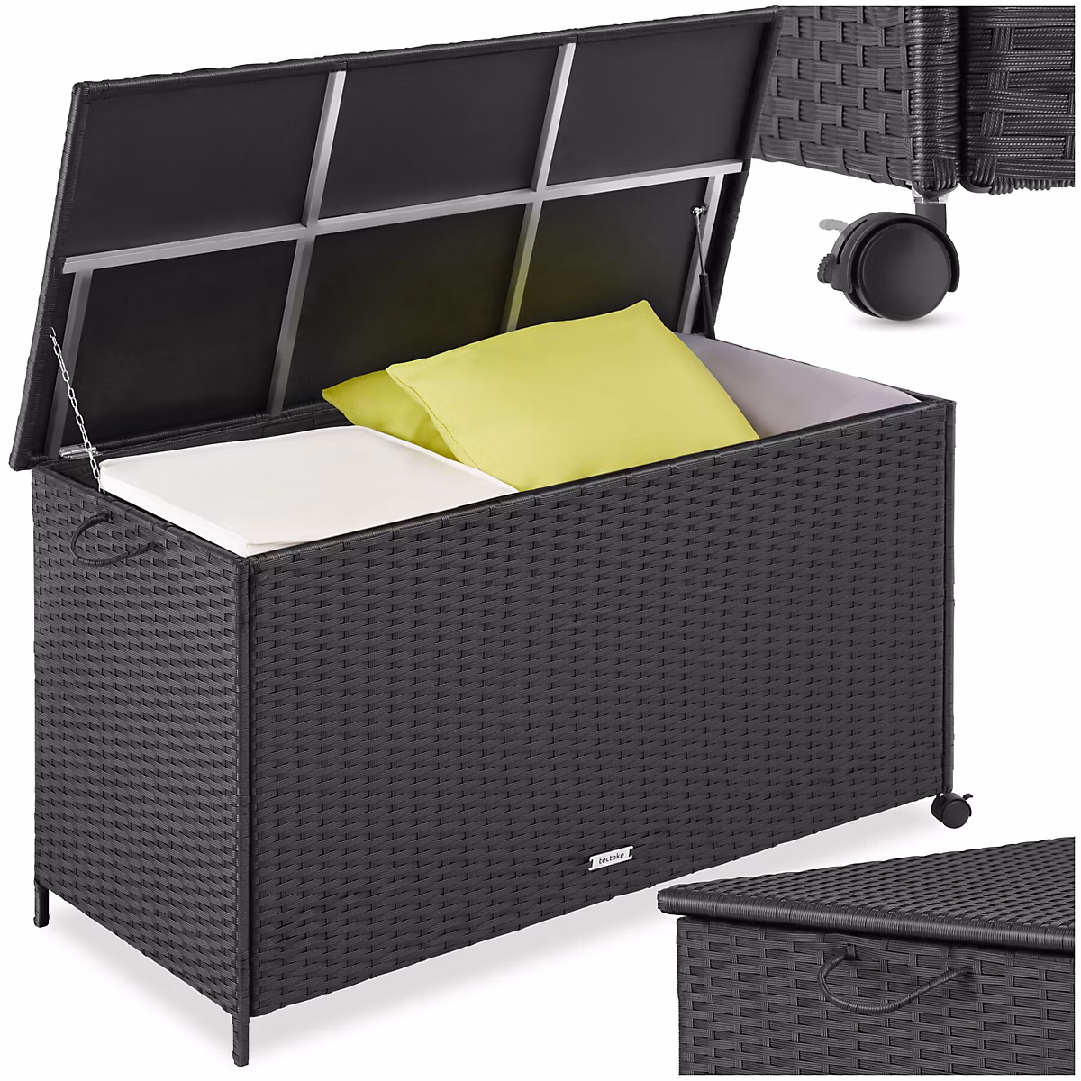 Boîte de rangement extérieure en polyrotin 253L Kuusamo – coffre sur roulettes Coffre de rangement 253 l | aluminium et polyrotin r