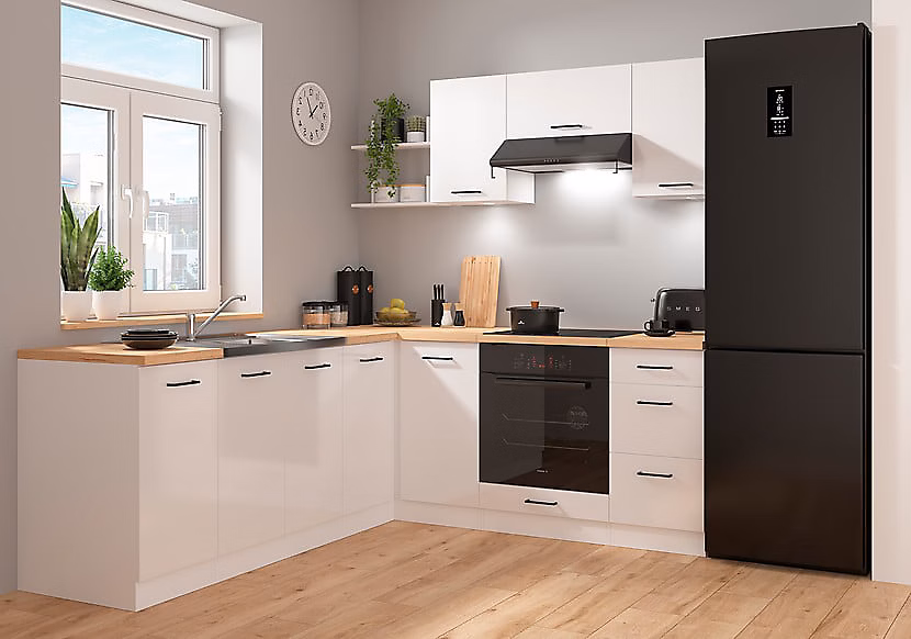 Cuisine d'angle complète 200 × 220 cm – Meubles de cuisine modulables coloris Blanc/Craie brillant, plan de travail Non inclus