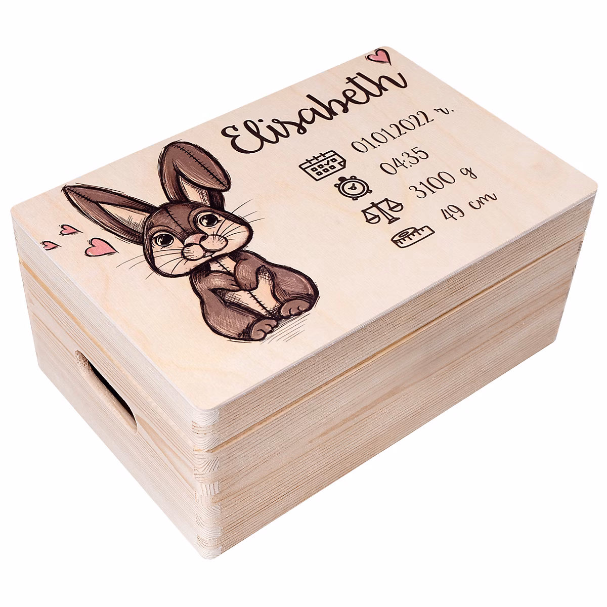 Creative Deco Boîte en Bois Personnalisée pour Naissance | Motif Lapin – 30 × 20 × 14 cm – Cadeau Souvenir Bébé Personnalisable