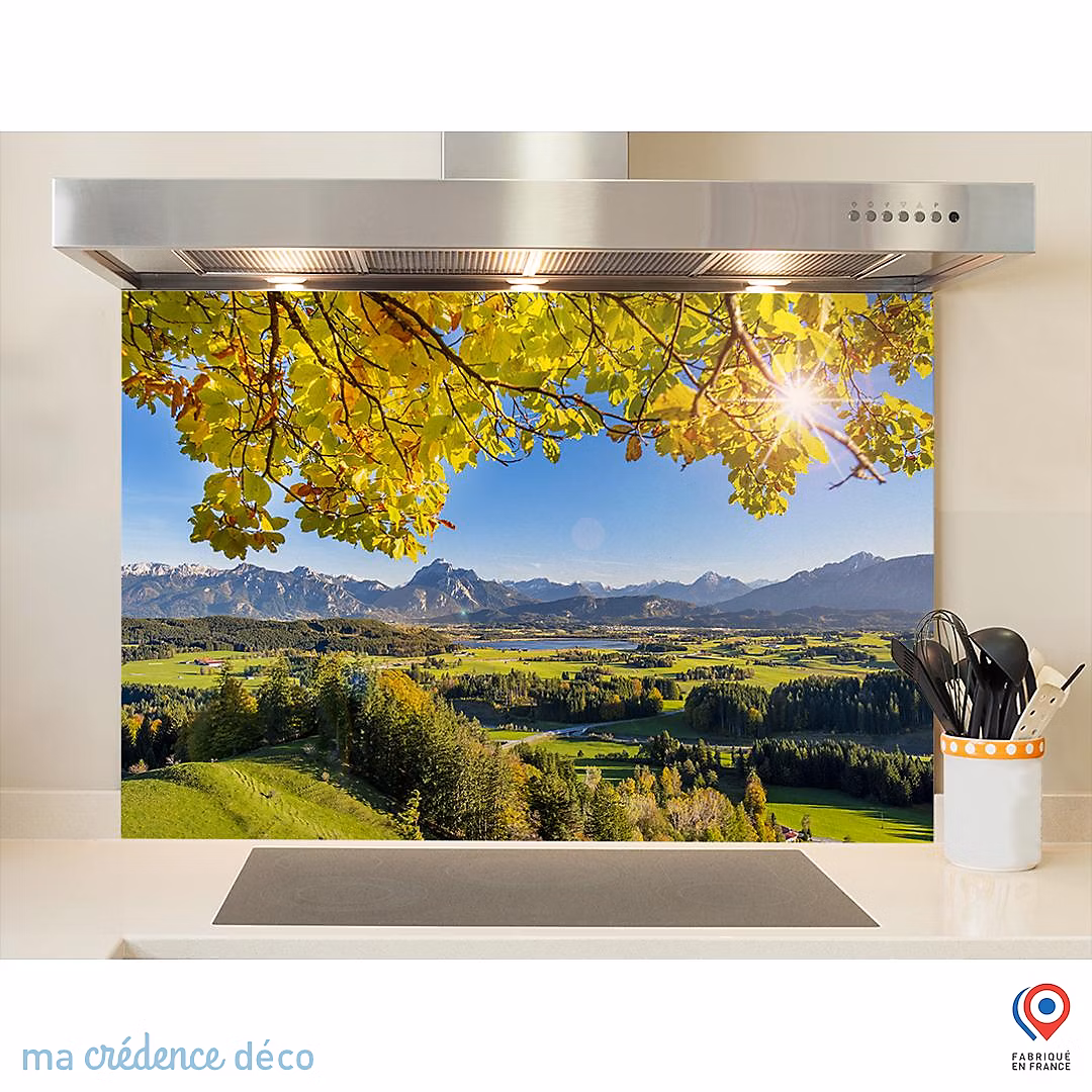 Crédence cuisine fond de hotte feuillage et montagnes – Alu composite, L 60 cm x H 45 cm, MaCrédenceDéco