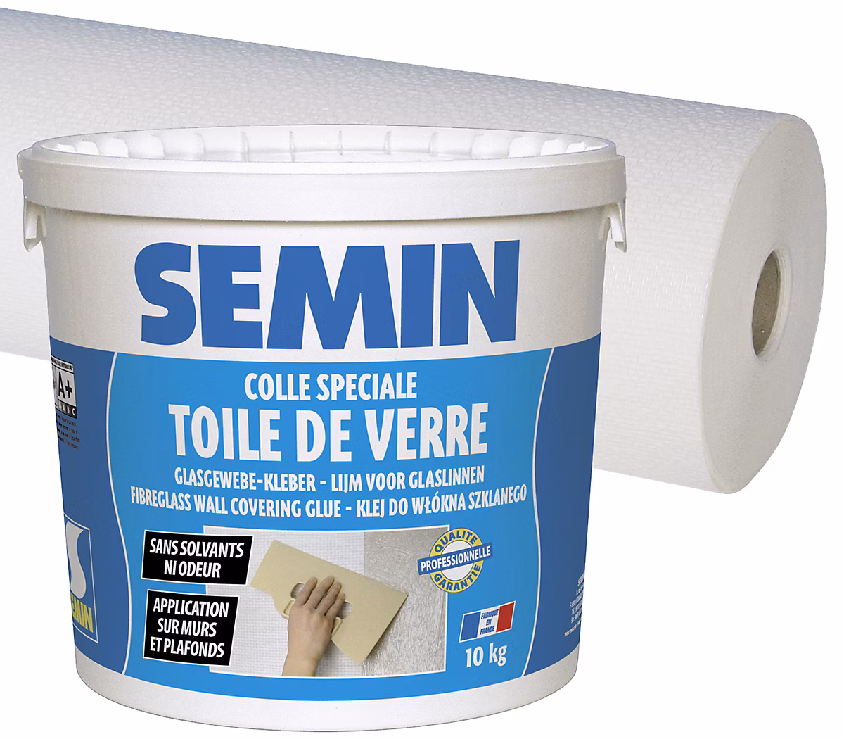 Colle en Pâte pour Toiles de Verre Semin – Seau de 10 kg et Toile de Verre pour Murs et Plafonds, Motif Crépi, 50 m x 1 m