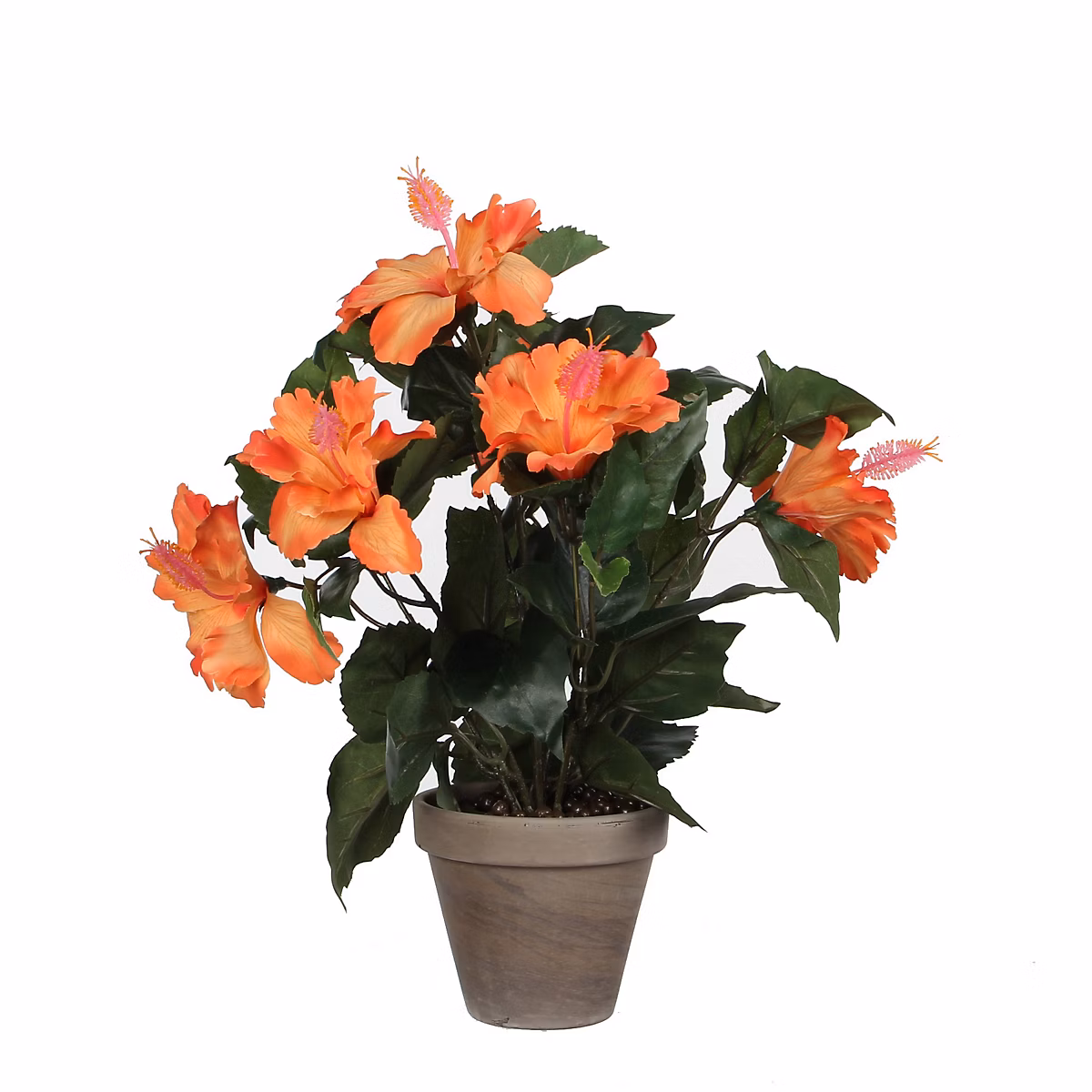 Hibiscus orange artificiel ø30 x h.40 cm en pot Stan gris ø11 – 5 cm