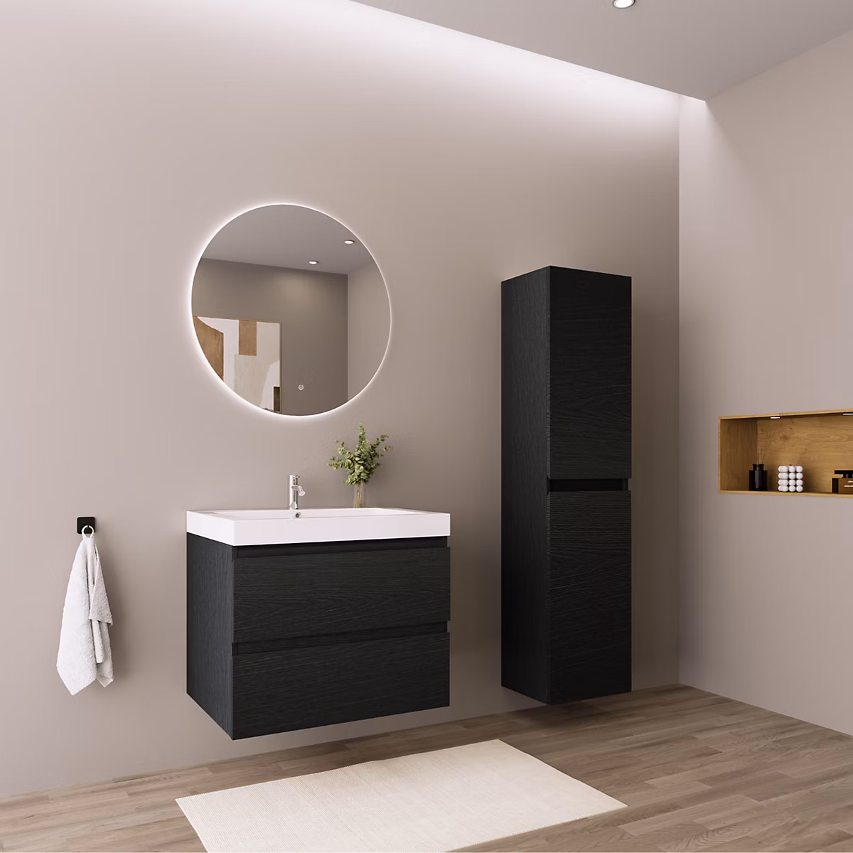 Ensemble meuble vasque 60 cm avec colonne – LOMAZOO Avalon, chêne noir