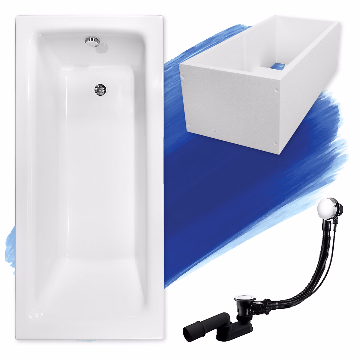 Baignoire rectangulaire 130 x 70 TALIA acrylique blanc + Support stabilisateur en polystyrène + Pieds + Vidage à chromé | Baignoire