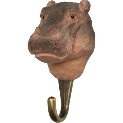 Patère animal en bois sculpté à la main et métal (Hippopotame)