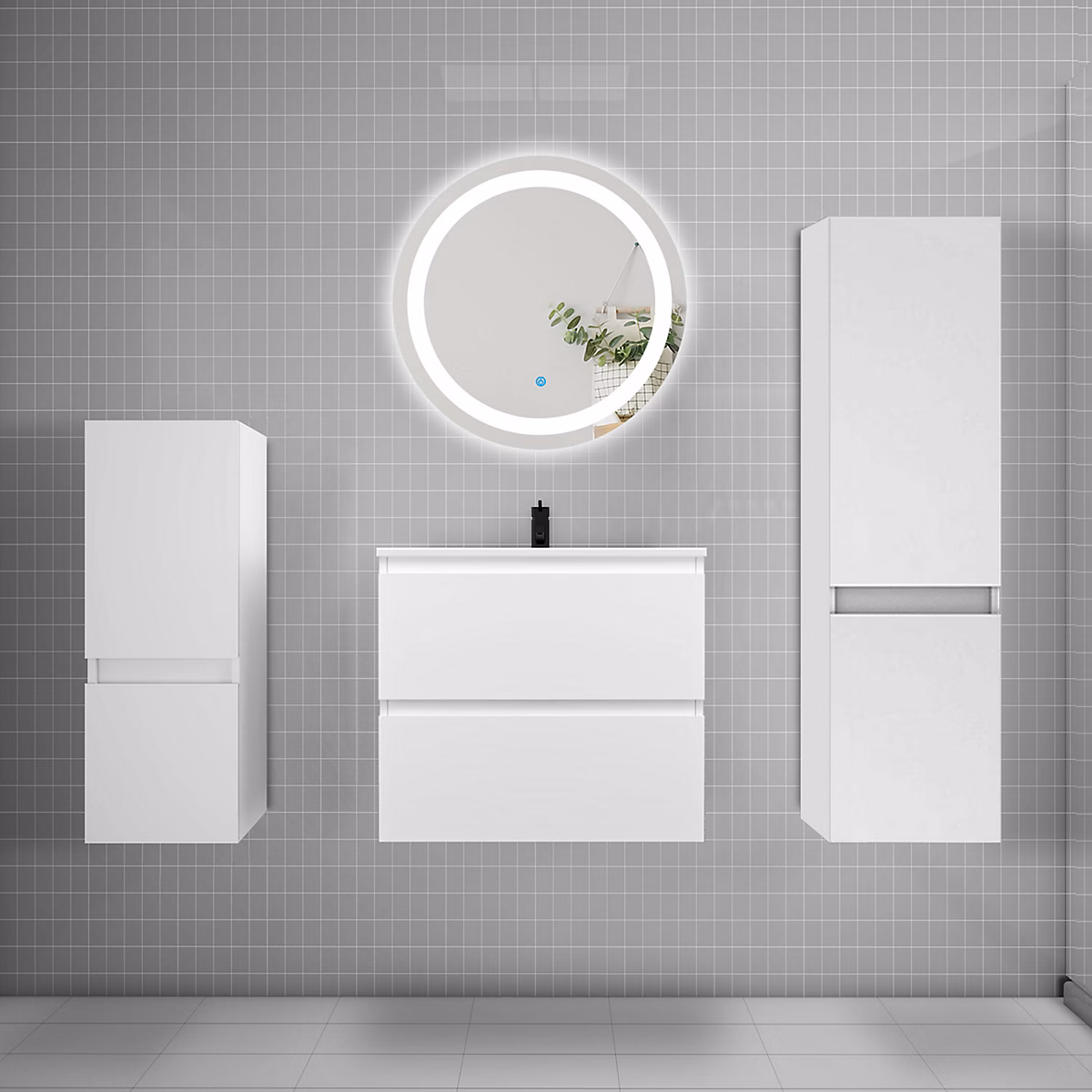 Ensemble meuble vasque L.60cm 2 tiroirs + lavabo + LED miroir 60cm + 2 colonne – blanc A