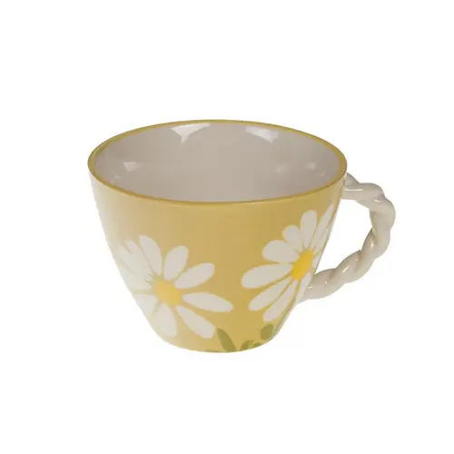 Parfait au jardin：Tasse à thé en grès jaune à fleurs blanches Daisy - 8,5 x 15 x 11 cm