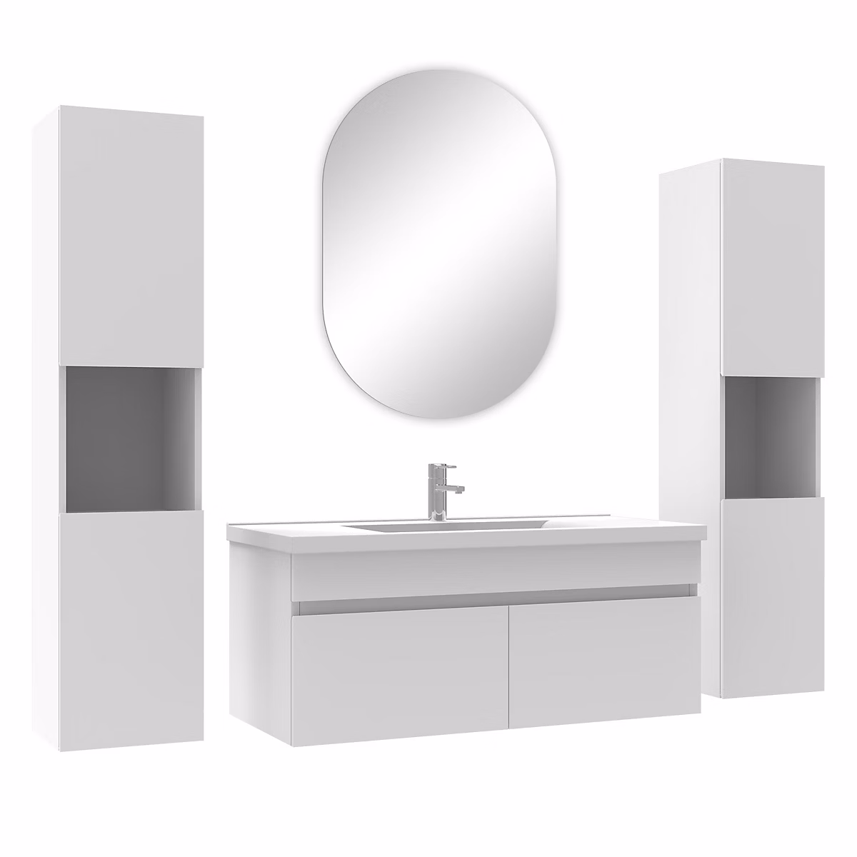 Ensemble meubles Salle de Bain simple vasque 100cm – colonne x2 et miroir ovale Blanc