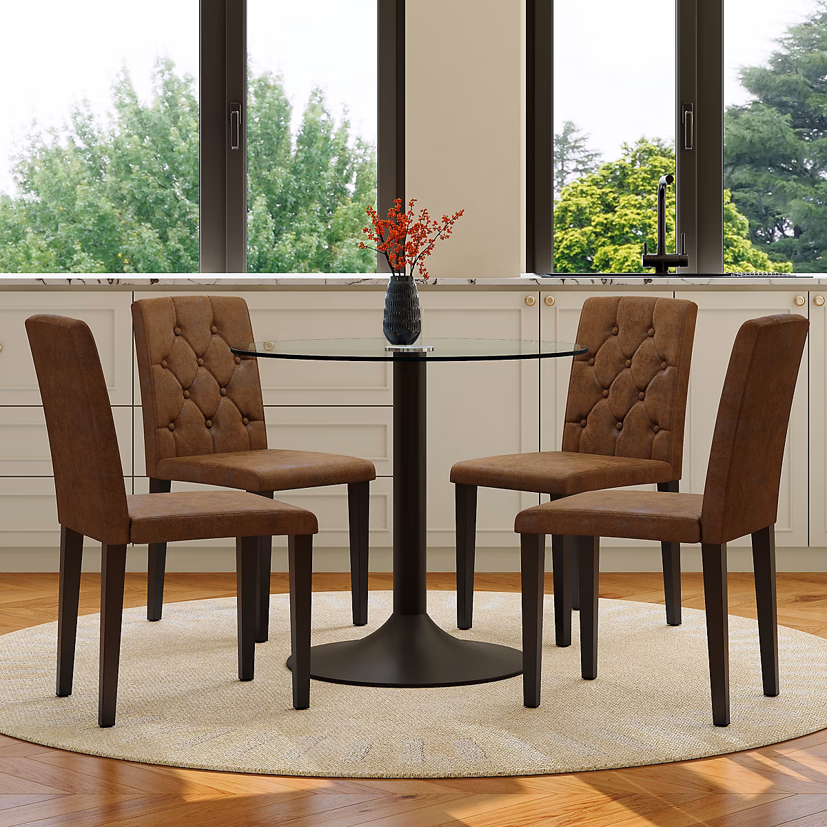 Ensemble table et 4 chaises en verre transparent et métal noir brun rétro – Réf. VXXRMWGWQ0691623930