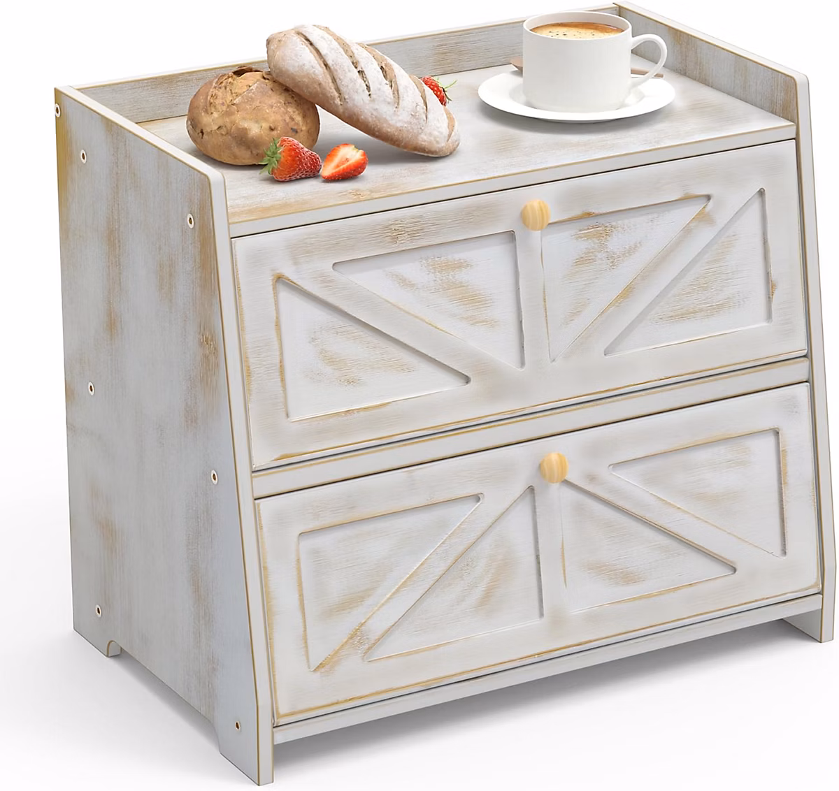 Boîte à pain en bambou à 2 étages – Pour plan de travail de cuisine 40 × 25 × 35 cm, blanc vieilli