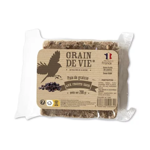 Une solution pour le jardin:Pain de graisse aux fruits secs pour oiseaux Grain de Vie - 290 g