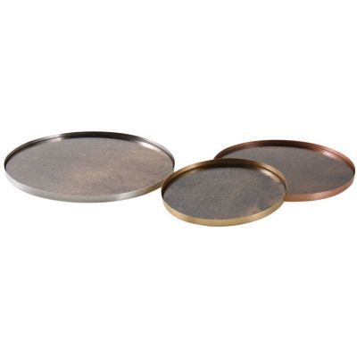Plateaux ronds en métal patiné et verre (Lot de 3)
