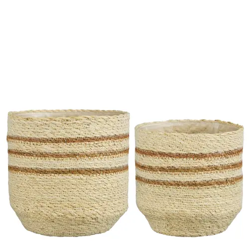 Jardin et idées：Panier rond en zostère coloris blanc rayé marron Lena - Ø 18 x H 18 cm