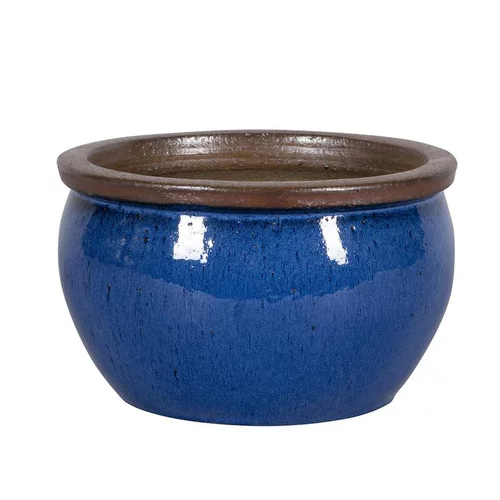 Facile extérieur：Pot rond Bonn bleu en grès émaillé - Ø 45 x 26 cm