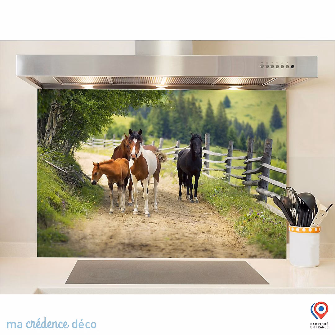 Crédence cuisine fond de hotte Chevaux et campagne – Alu composite, L 90 cm x H 70 cm, MaCrédenceDéco
