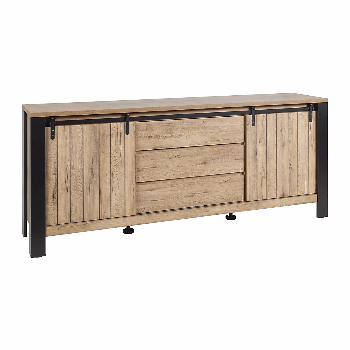 CLODIUS – Buffet 2 Portes Coulissantes 3 Tiroirs Métal et Aspect Bois