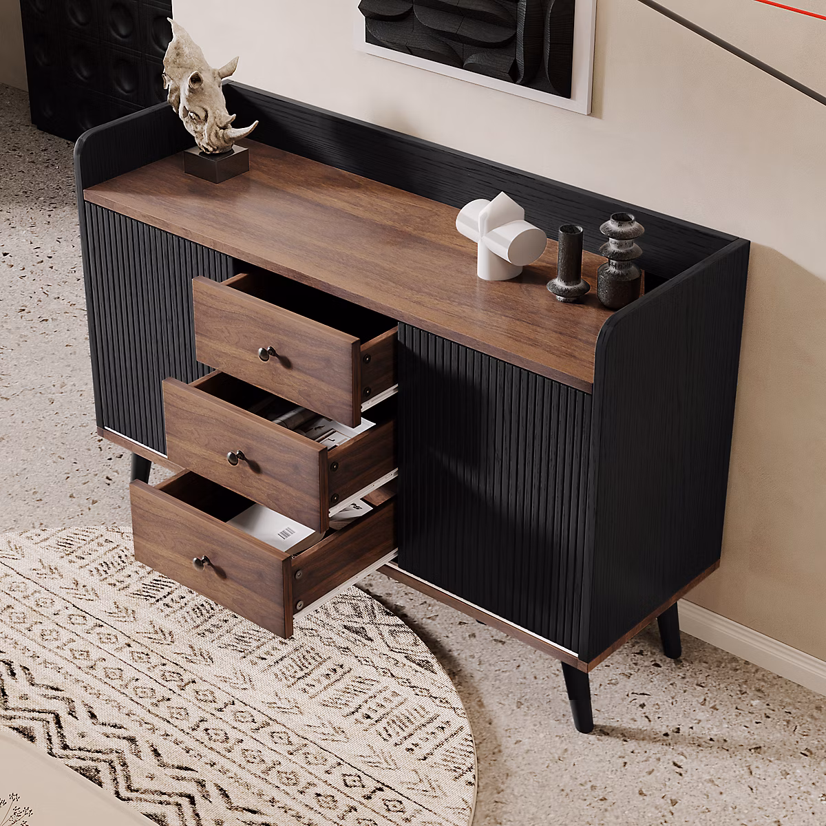 Buffet Moderne 3 Tiroirs et Étagère de Rangement | Texture Fine Pour Salon et Chambre – Panneaux de particules – Noir – 117 – 5 × 40 × 80 cm