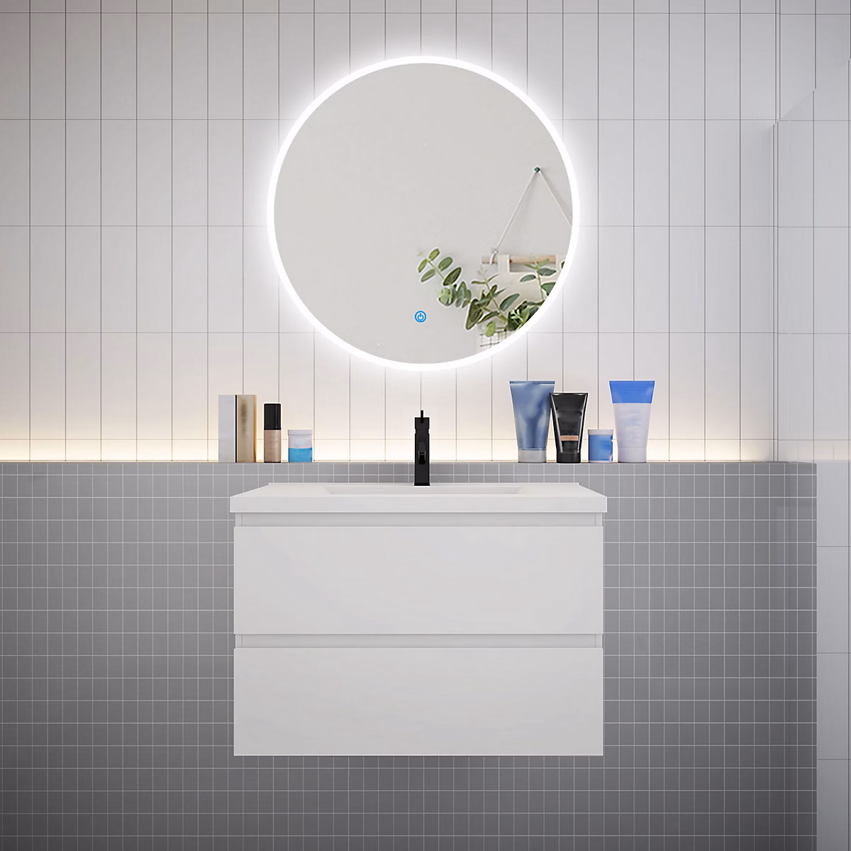 Ensemble meuble vasque L.80cm 2 tiroirs + lavabo + LED miroir rond 80cm – design