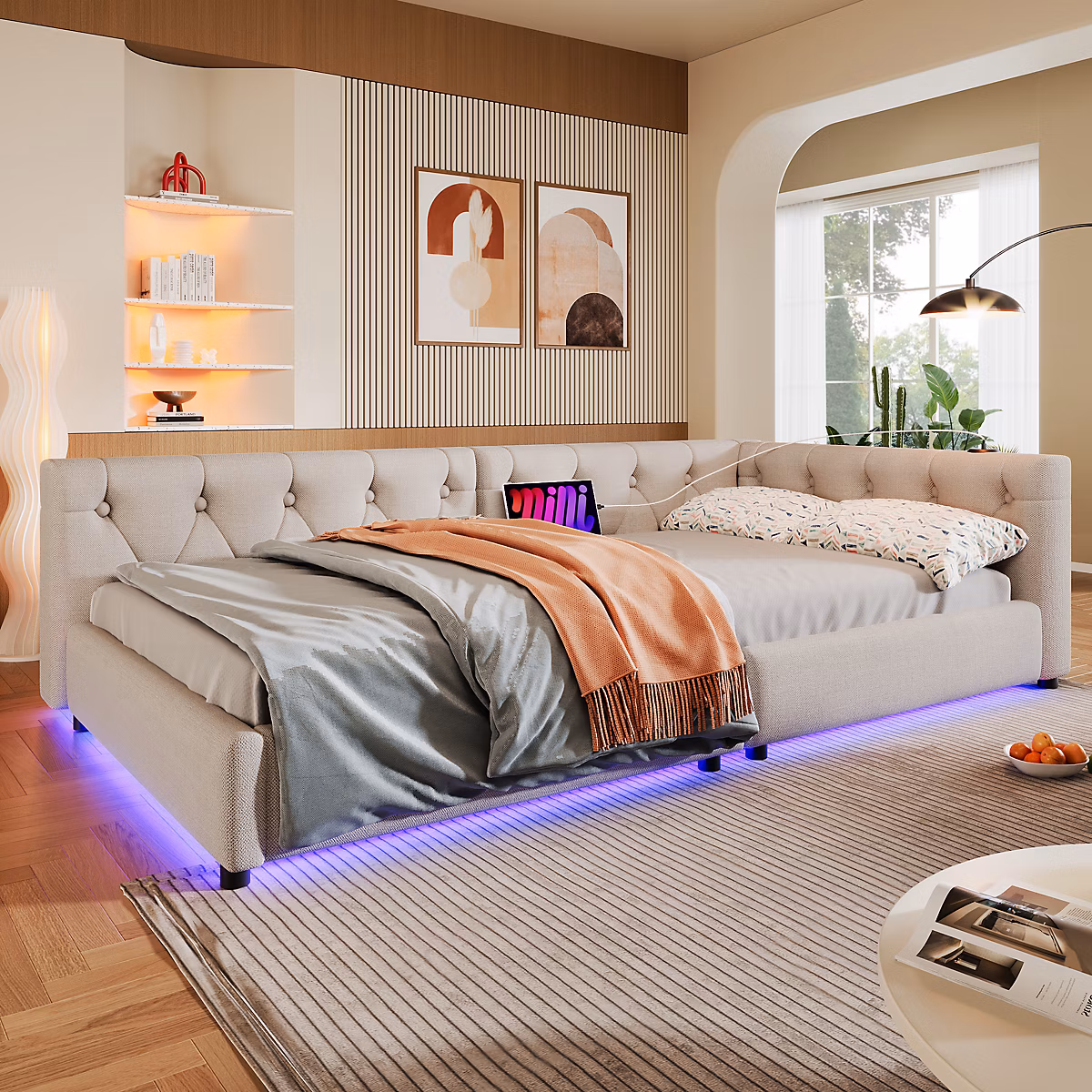 Canapé – lit 140 × 190 cm convertible avec coffre et accoudoirs, structure métal en tissu gris