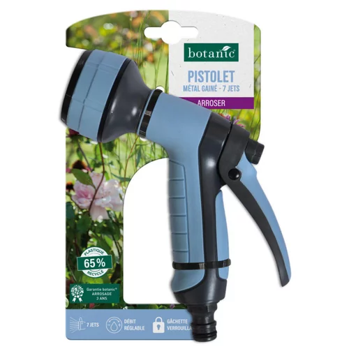 Idéal pour l’extérieur:Pistolet en métal gainé botanic® - 7 jets avec débit réglable et gâchette verrouillable