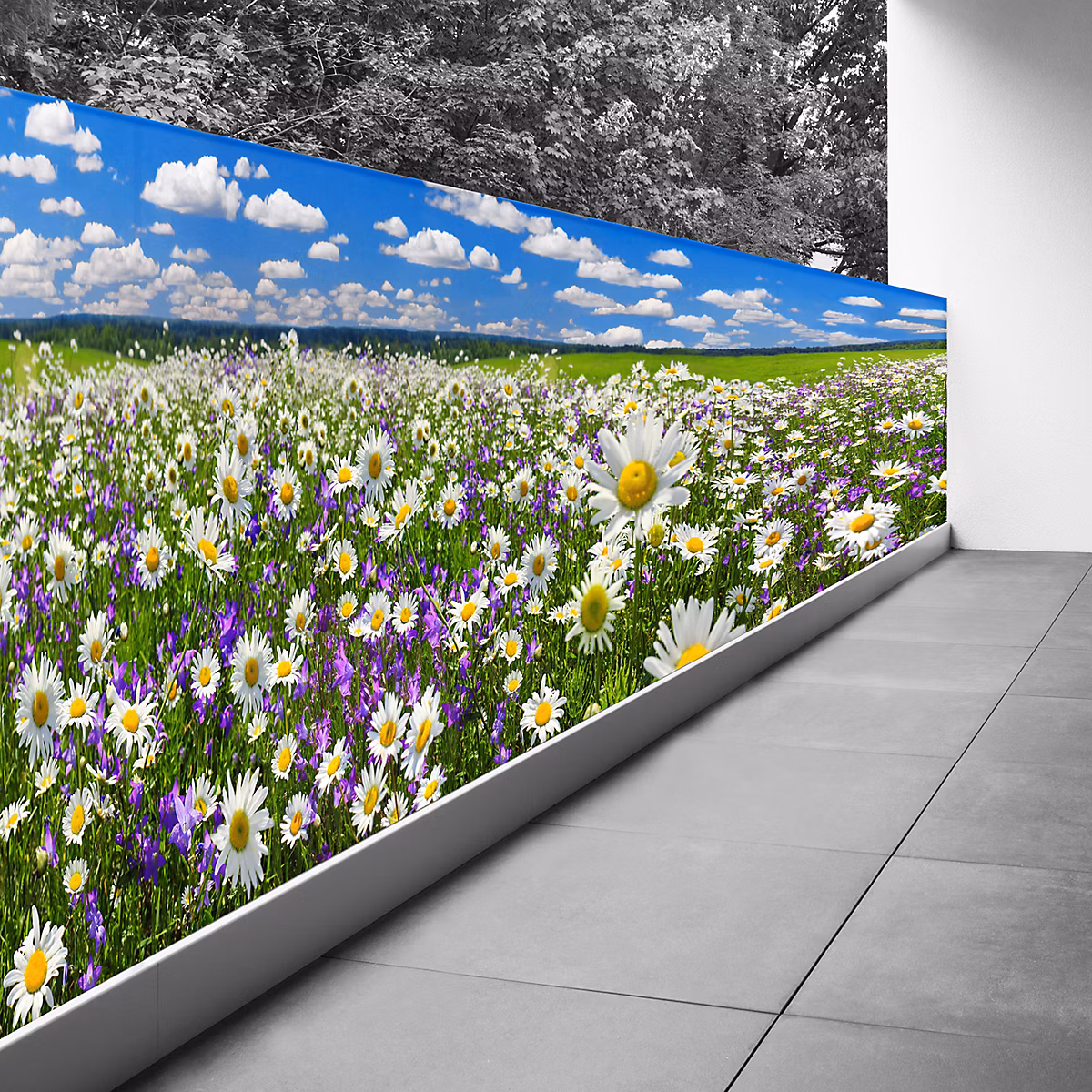 Brise vue Trompe l'oeil – 90 × 360 cm, Champ fleurs 3617689697109