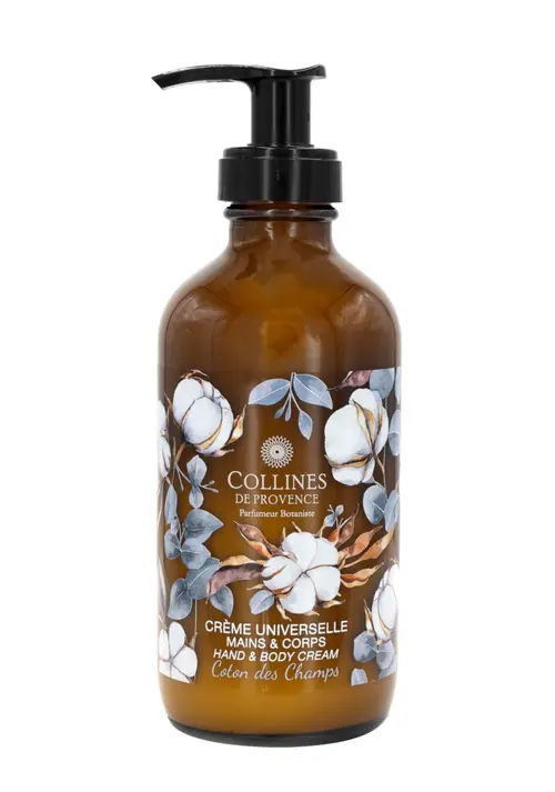 Nature extérieur:Crème universelle mains et corps en flacon pompe senteur Coton des Champs Collines de Provence – 225 ml