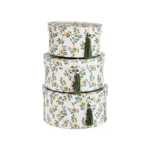 Extérieur malin：Boîtes rondes en papier à décor citron jaune et vert et couvercle à pompon - les 3 boîtes
