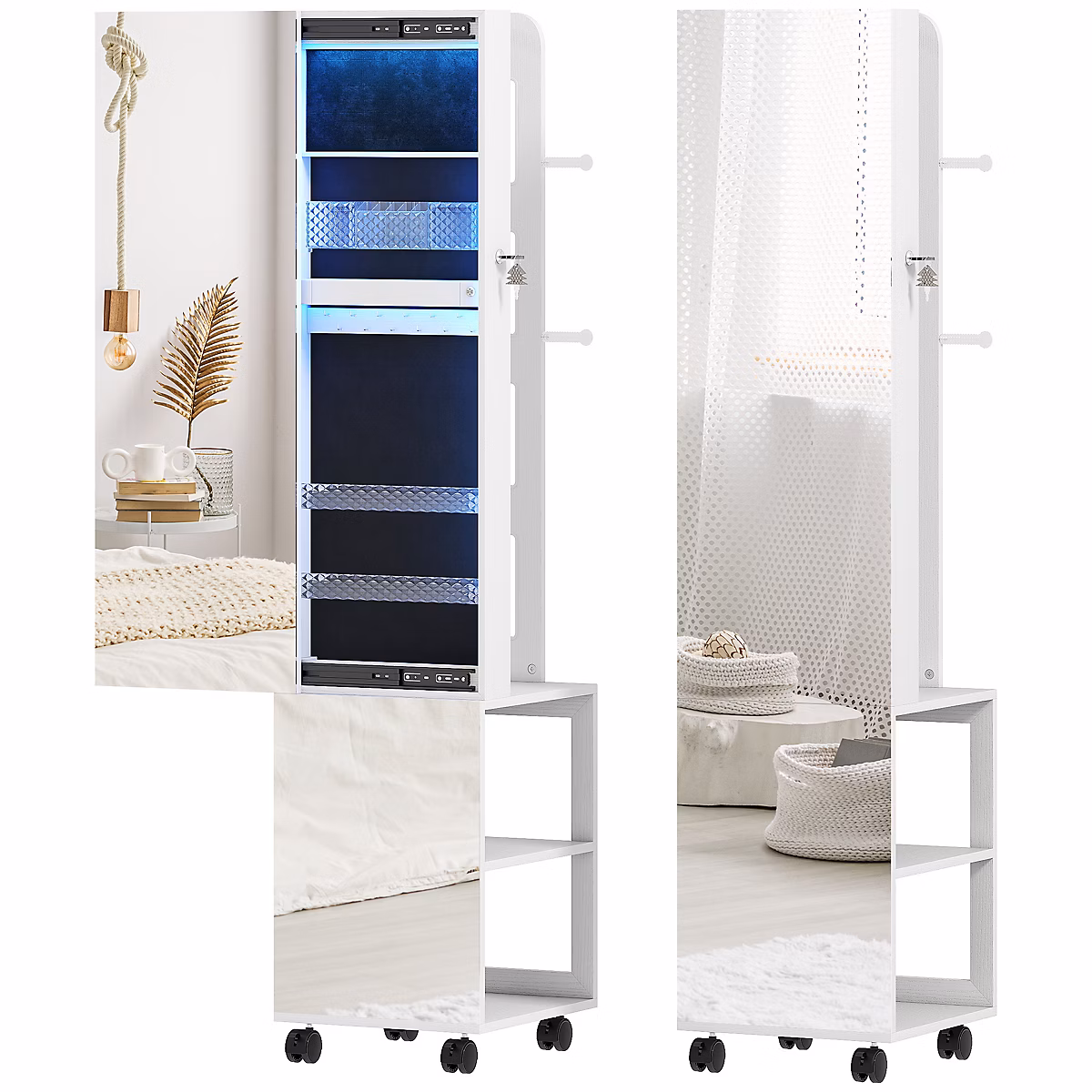 Armoire à bijoux LED miroir penderie multi-rangement 3 en 1 dim. 40 × 37 × 165 cm effet bois blanc