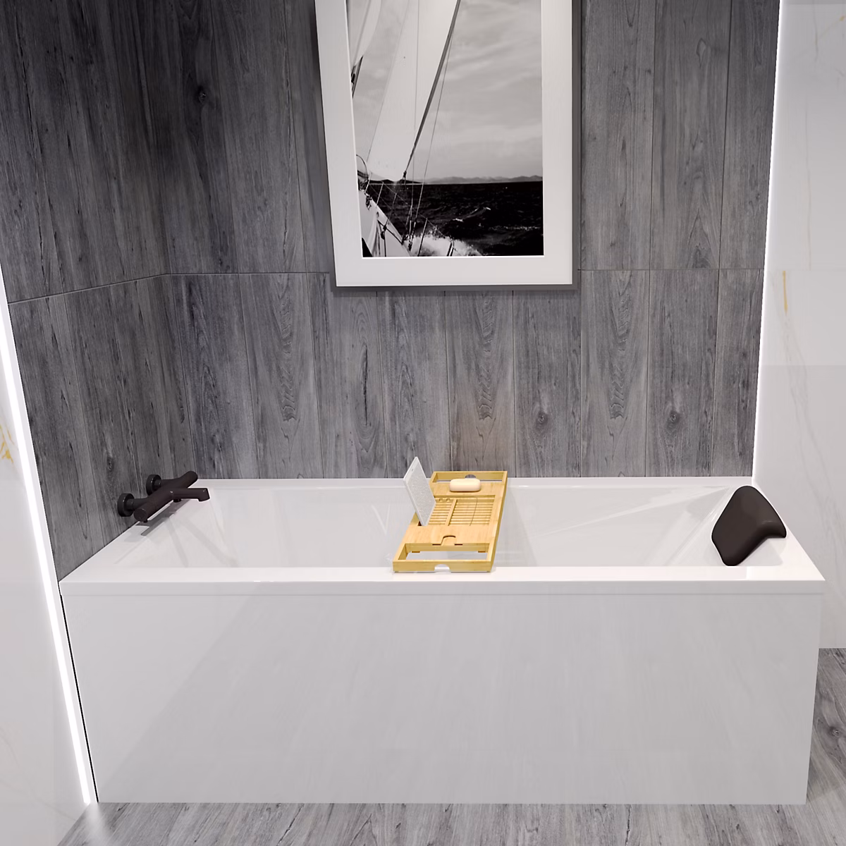 Baignoire rectangulaire 160 x 70 MODERN acrylique blanc – sans Habillage + Repose Tête + Étagère bambou + Pieds + Vidage à chromé