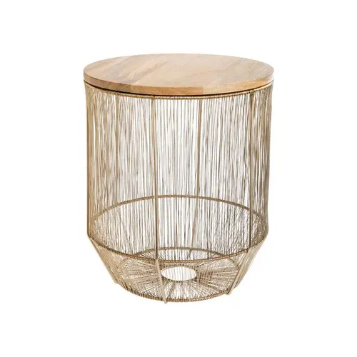 Une solution pour le jardin：Corbeille filaire en métal doré avec plateau amovible en bois de manguier - Ø 29 x H 34 cm