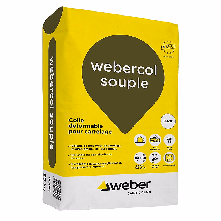 Colle déformable pour carrelage WEBERCOL SOUPLE | sac 25 kg – blanc – WEBER