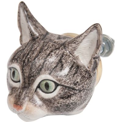 Bouton de porte animal en porcelaine (Tête de chat tigré)