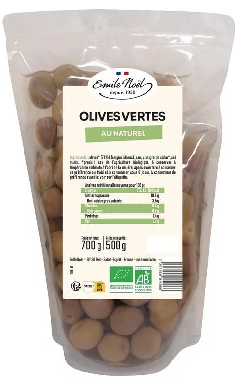 Indispensable au jardin:Olives vertes au naturel bio Emile Noel - 500 g