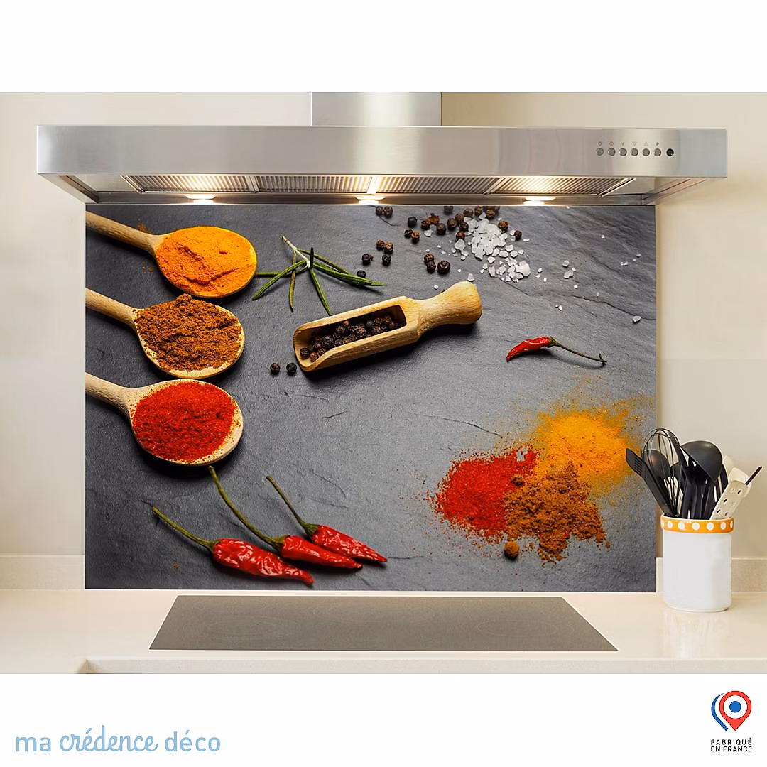 Crédence cuisine fond de hotte Epices sur ardoise 2 – Verre trempé, L 60 cm x H 45 cm, MaCrédenceDéco