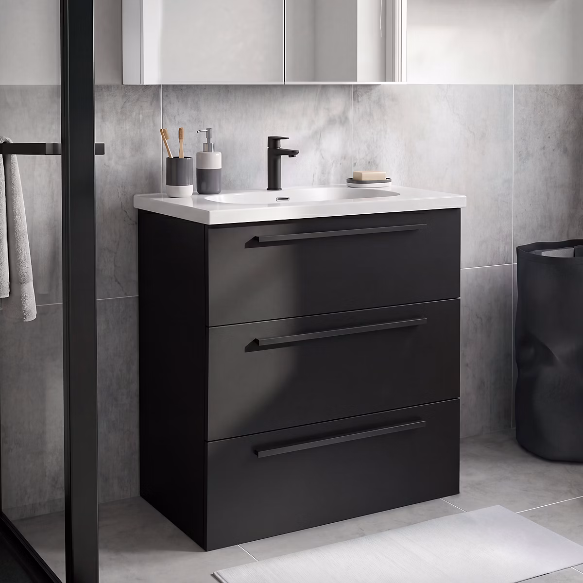 Meuble sous vasque à poser noir mat l.80 cm 3 tiroirs Imandra + plan vasque blanc résine Cavally – GoodHome